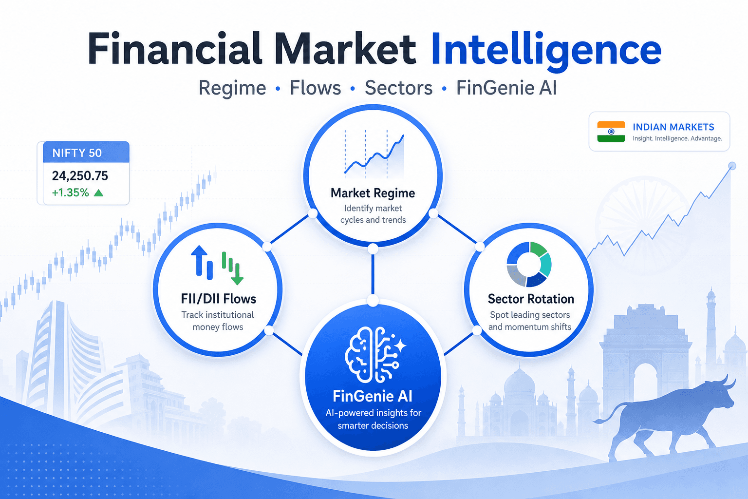 Financial market intelligence diagram: regime classification, FII DII flows, sector rotation, and FinGenie AI for India markets